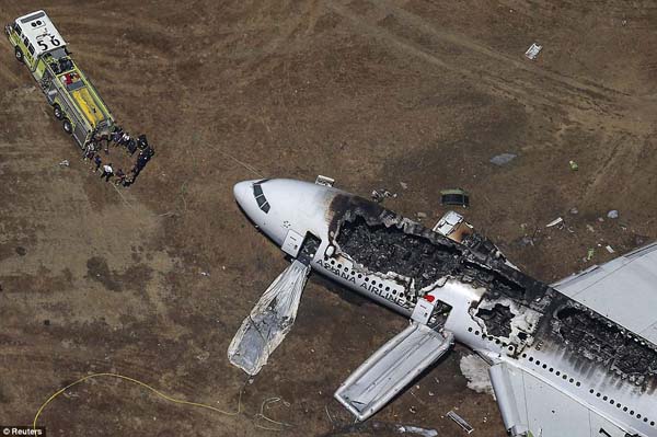 Asiana Airlines Boeing 777 plane after it crashed while landing at San Francisco International Airport.