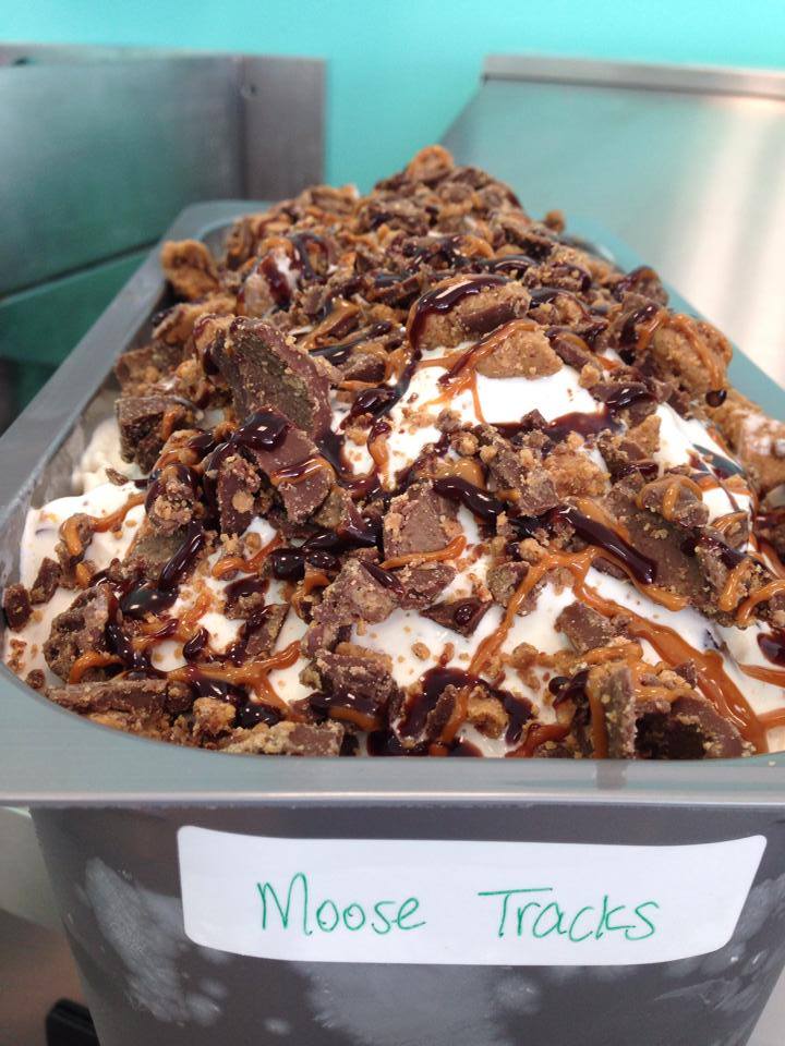 Moose tracks, which is vanilla ice cream with chocolate, peanut butter cups and fudge.